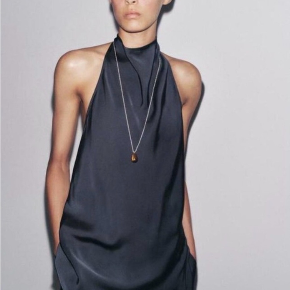 Zara Petrol Blue Satin Halter Camisole